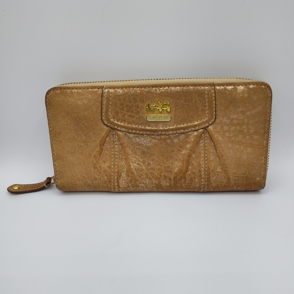 Coach Metallic Gold Zip Around Wallet Wristlet | Leather Continental Clutch EUC